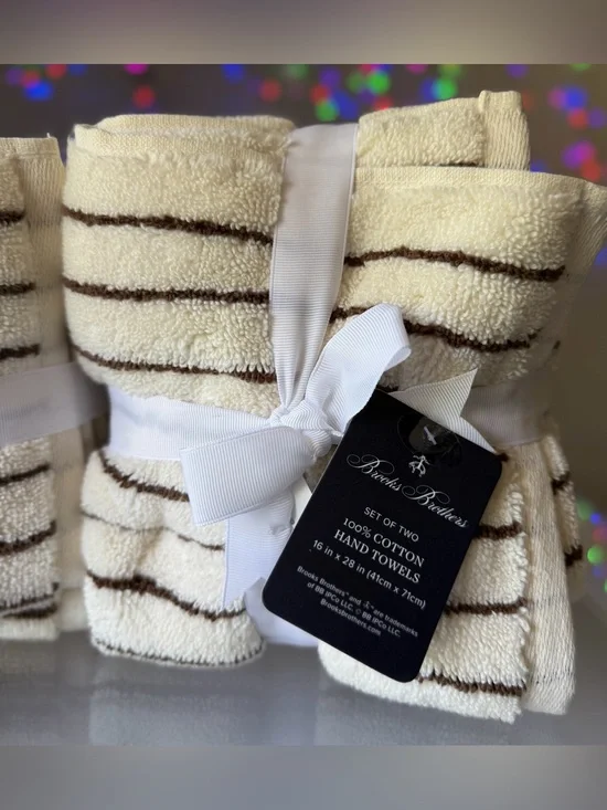 BROOKS BROTHERS Turkish bathroom hand Towel set Striped Ivory Dark Brown