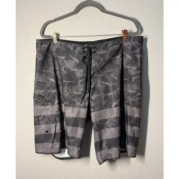 Pelagic Sharkskin Americamo Flag Board Shorts Swim Fishing Black Gray sz 38