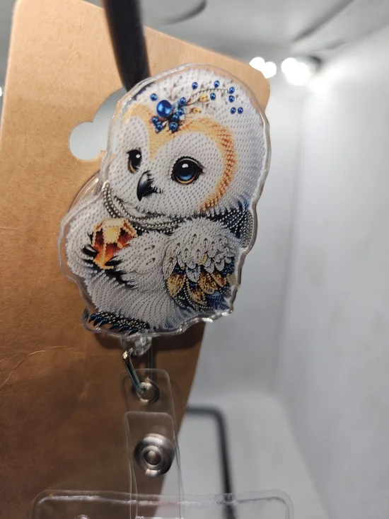White & Gold Owl Card Holder Badge Reel