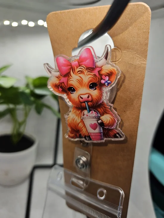 Cute Pink Bow Highland Cow Badge Reel Card Holder