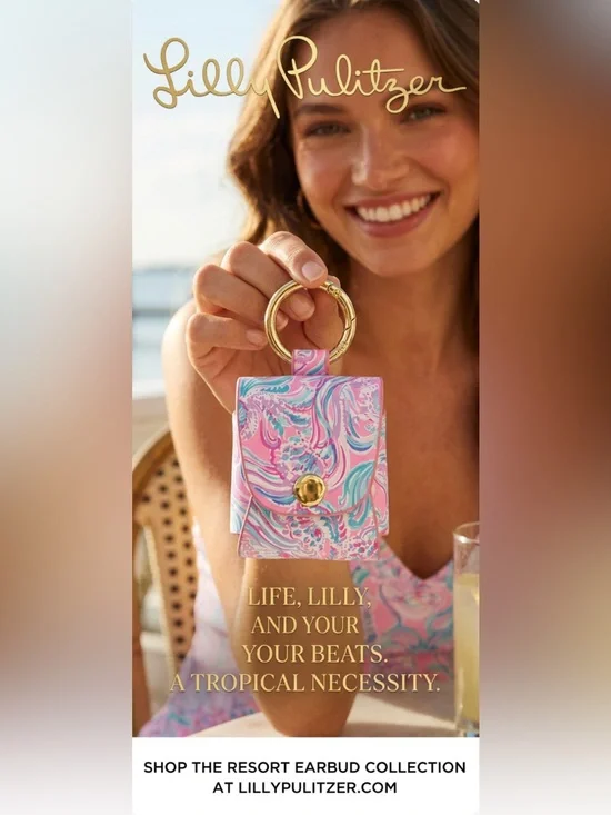 NWOT ~ Lilly Pulitzer Pink Swirl Keyring Ear Bud Pouch with Gold Ring