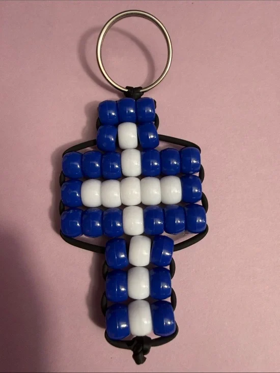 Beaded Cross Keychain in dark Blue and White