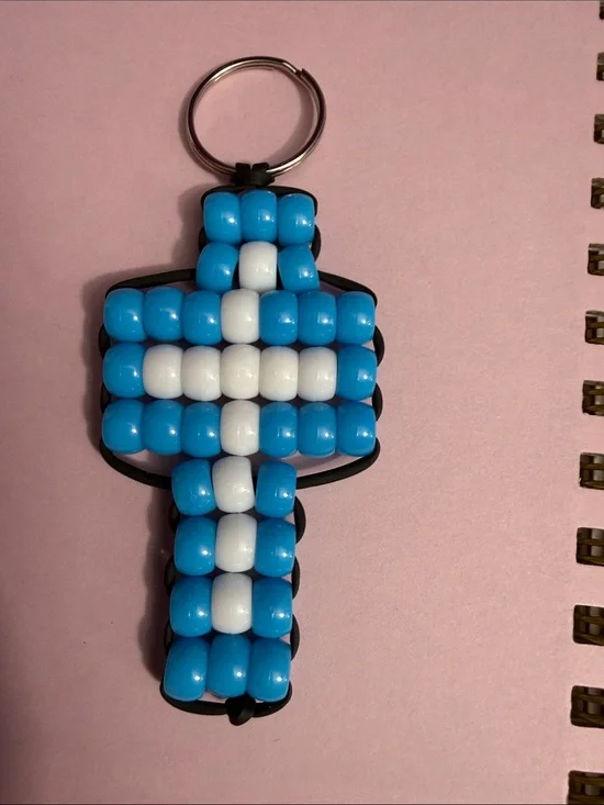 Beaded Cross Keychain - Blue & White