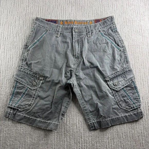Rock Revival Cargo Shorts Mens Size 38 Gray Slim Fit Heavy Stitch Embroidered