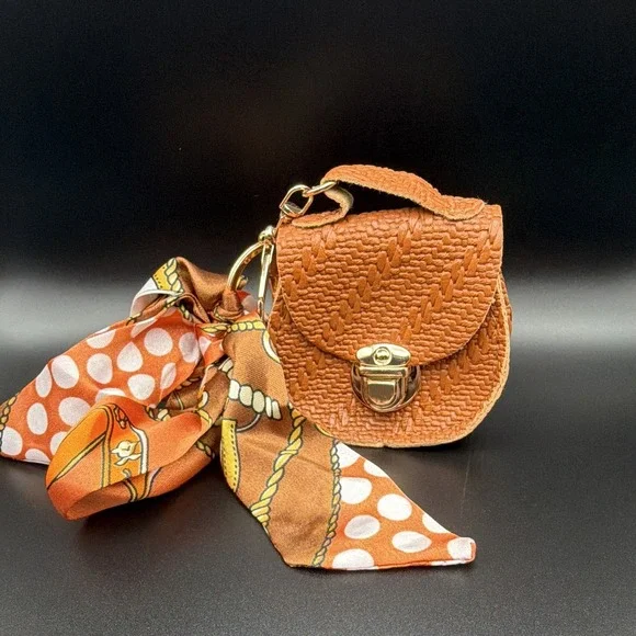 Mini Bag Charm Keychain w/ Key Ring, Detachable Scarf, Brown/Orange Geometric