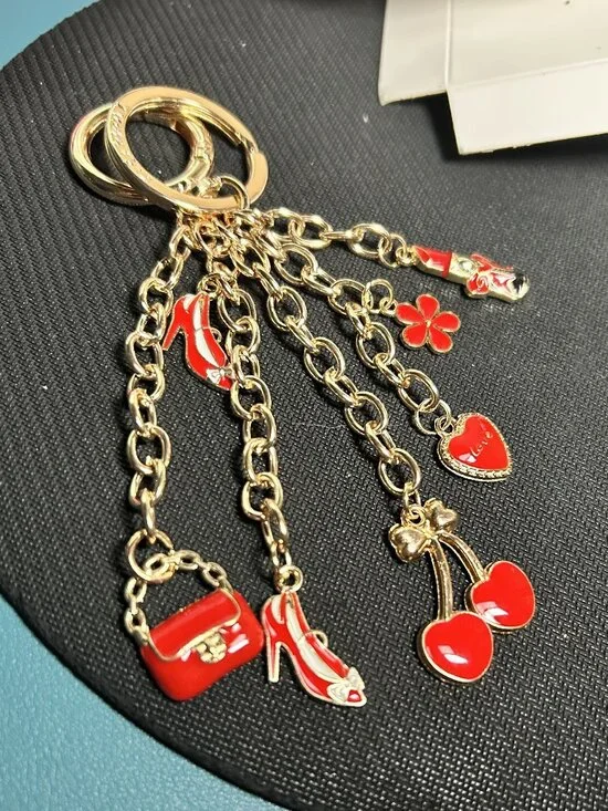 K. Carroll Gold Red Enamel Multi Charm Keychain Bag Clip Handbag Heels