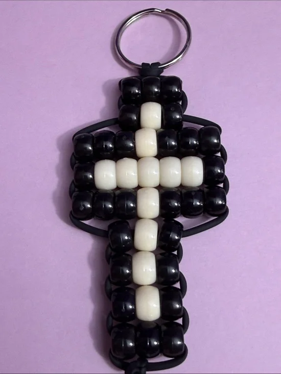 Beaded Cross Keychain - Black and cream