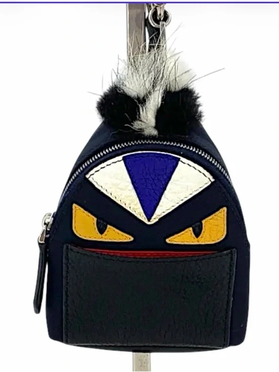 Fendi Monster Mini Backpack Coin Purse with Fur Pom Black & Yellow