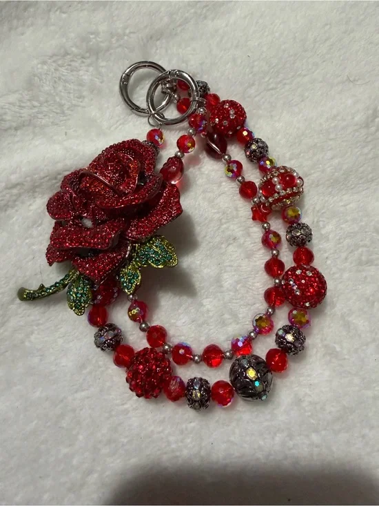 Hand Made Red Crystal Rose Beaded Bag Charm Or Keychain
