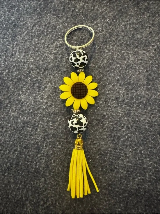 Yellow Sunflower Tassel Keychain with Black & White Beads