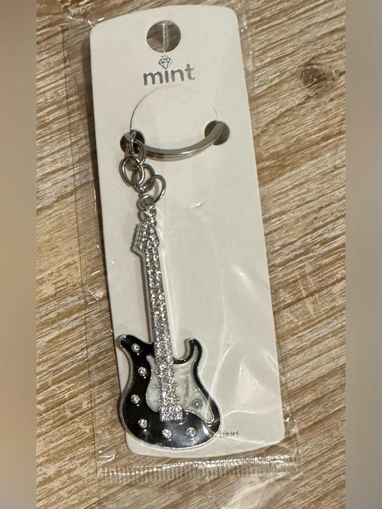 Black Enamel & Silver Rhinestone Guitar Keychain