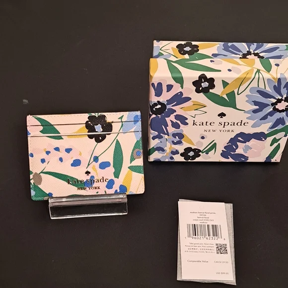 Kate Spade Madison Card Holder - White, Black, and Blue Floral Print NWT