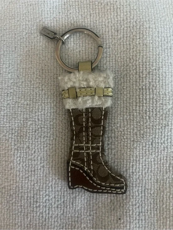 Coach Boot Keychain with Shearling Accent - Brown and Cream