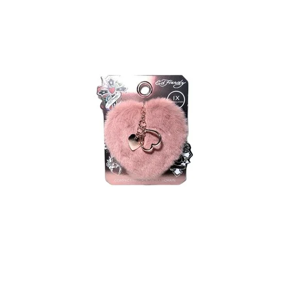 Ed Hardy Faux Fur Heart Compact Double-side Mirror Keychain Y2K New In Package