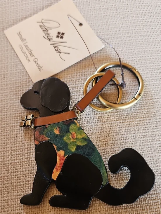 Patricia Nash Leather Black And Floral Dog Keychain