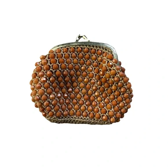 Vintage Amber Colored Beaded Crocheted Coin Purse Kiss Lock Closure‎