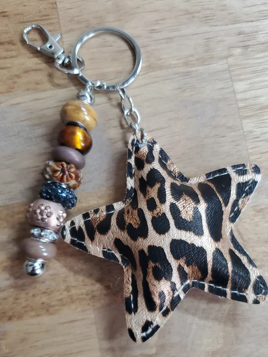 Leopard Star Keychain Charm - Metallic Brown Star and Beaded Accent