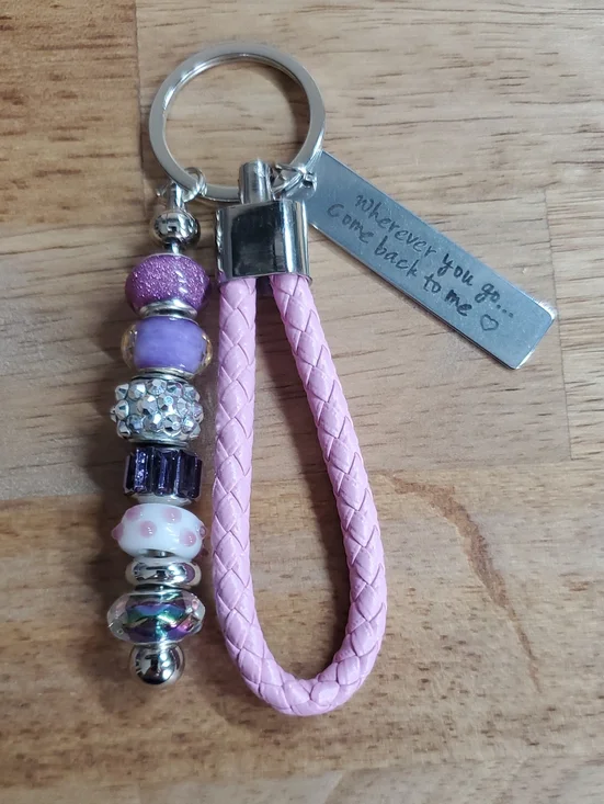 Pink Braided Leather Keyring with Purple Bead Charms