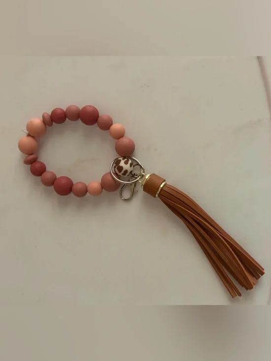 Beaded Wristlet Keychain with Brown Tassel