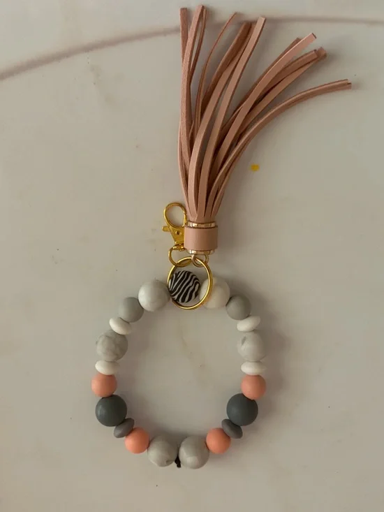 Beaded Wristlet Keychain with Pink Tassel