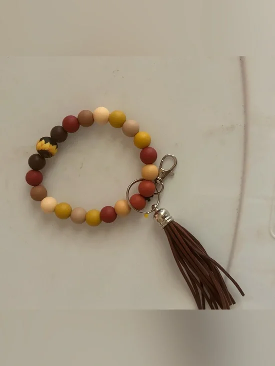 Beaded Wristlet Keychain with Tassel - Mustard, Rust & Cream