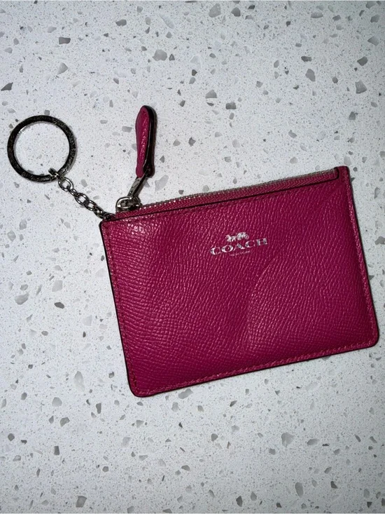 COACH Mini Skinny Pink Leather Zip Card Case Keyring