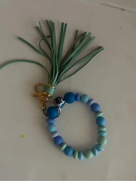 Blue & Mint Beaded Tassel Keychain Bracelet
