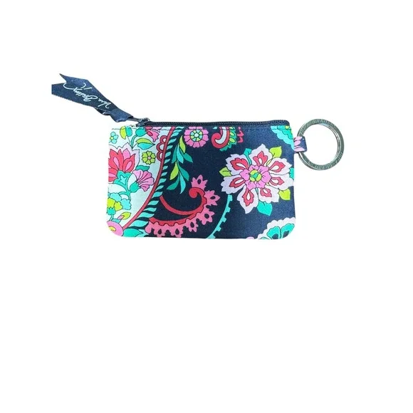Vera Bradley Navy Paisley Zip ID Case Coin Purse Keychain Wristlet Pouch