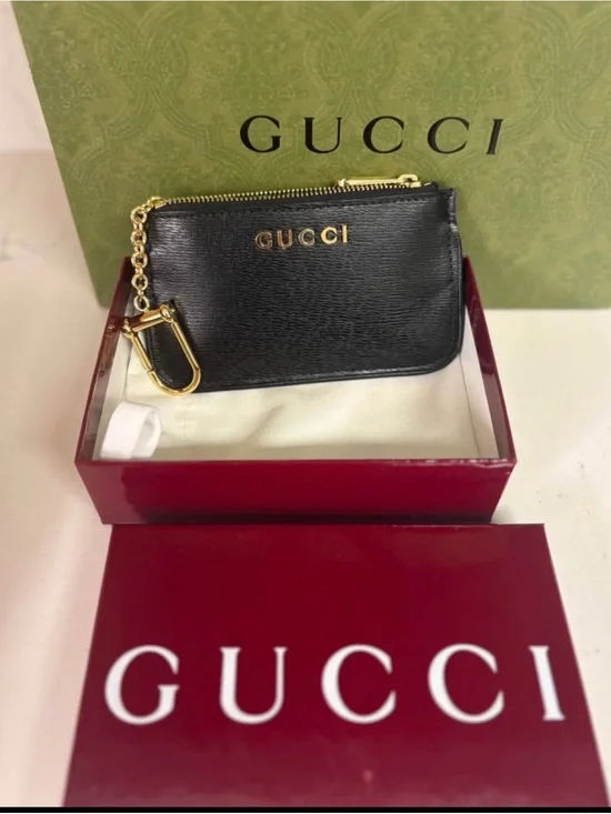 Gucci Black Saffiano Leather Zip Card Case Key Pouch with Gold Chain