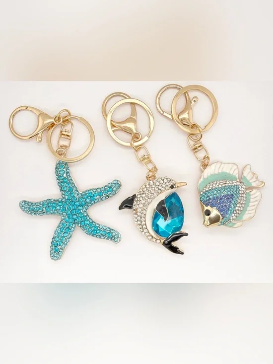 3 Crystal Rhinestone Enamel Fish Starfish Dolphin Keychain Bag Charm Gold Tone