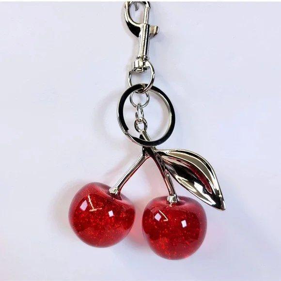 Bag Charm- Keychain Glitter Resin Double Cherry Red Women Rockabilly Kawaii Fun