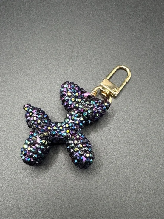 Handmade Crystal Resin Dark Purple Balloon Dog Keychain Bag Charm Clip