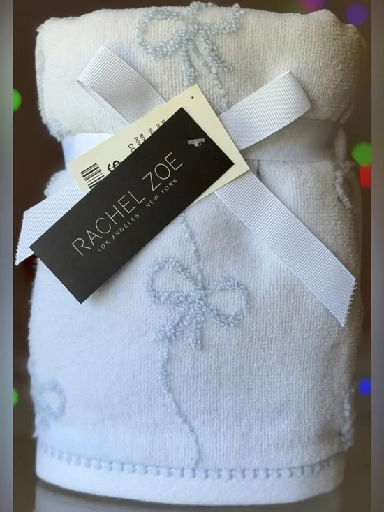 Rachel Zoe Bath Hand Towel Set Blue Ribbon Bows Luxe Soft Cotton 2 piece set
