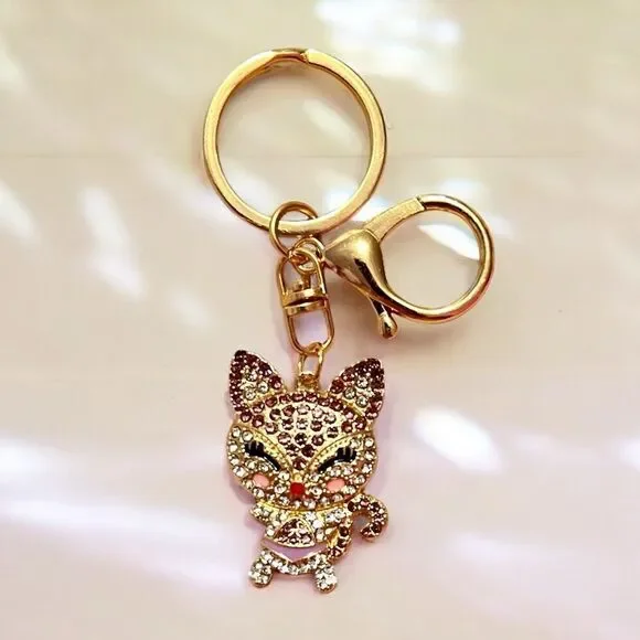 ⭐️3/$25⭐️ Purple Rhinestone Cat Gold Tone Key Chain Bag Charm