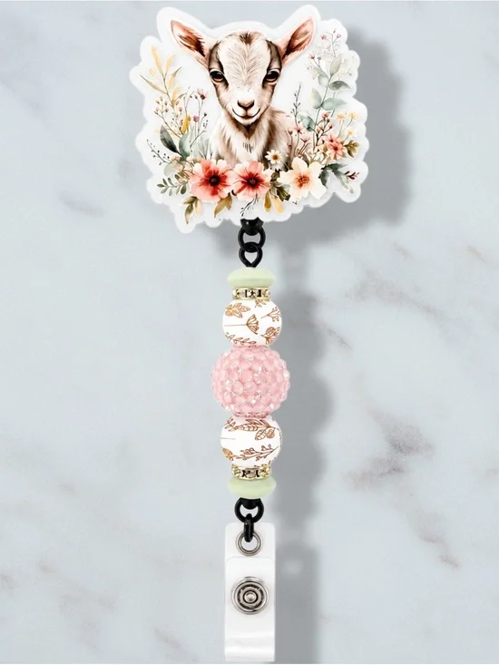 Goat Floral Beaded Badge Reel