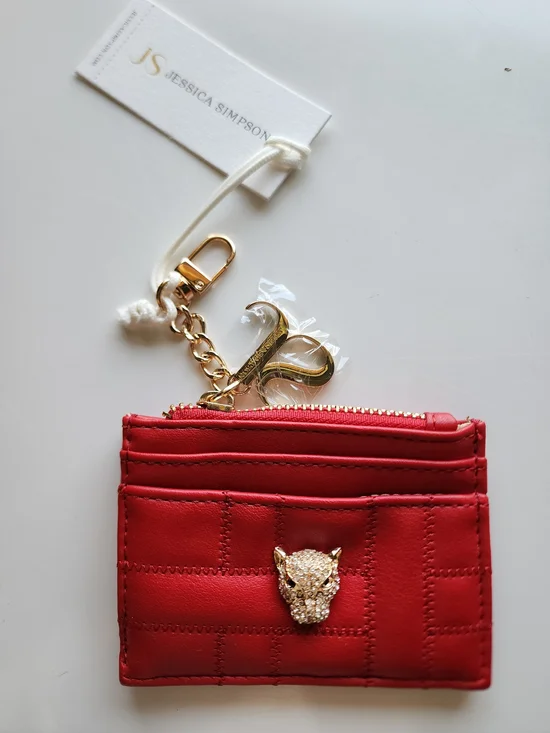 NWT Jessica Simpson Red Quilted Card & Key Holder with Gold Panther Charm