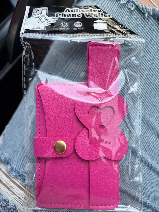 Adhesive Phone Wallet Card Holder in Hot Pink with Heart Accent