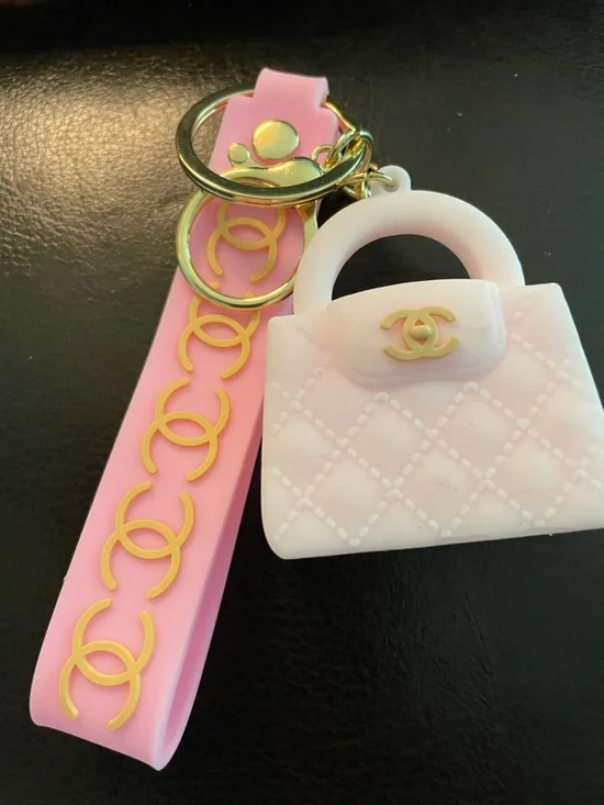 Cute silicone Pink Quilted Mini Bag Charm Keyring with Gold Logo