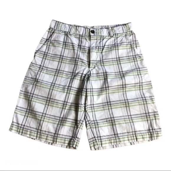 32 waist plaid shorts white/green/blue flat front Banana Republic