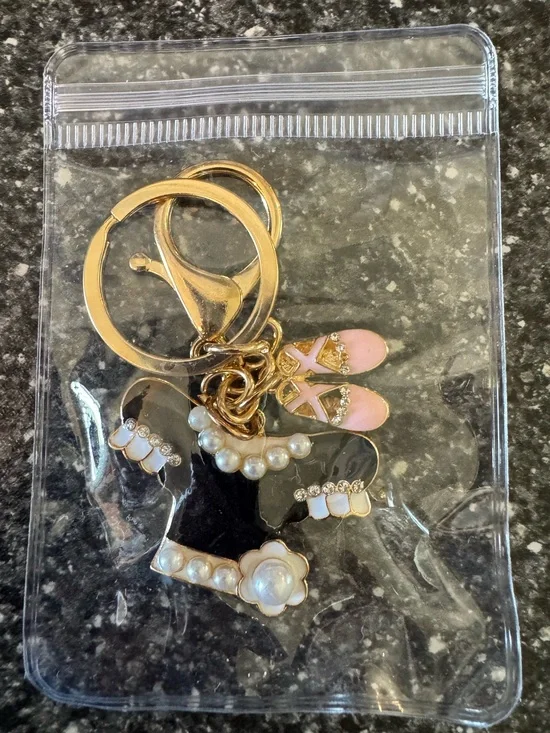 Black and Faux Pearl Blouse Keychain or Bag Charm with Pink Flip Flop Charm