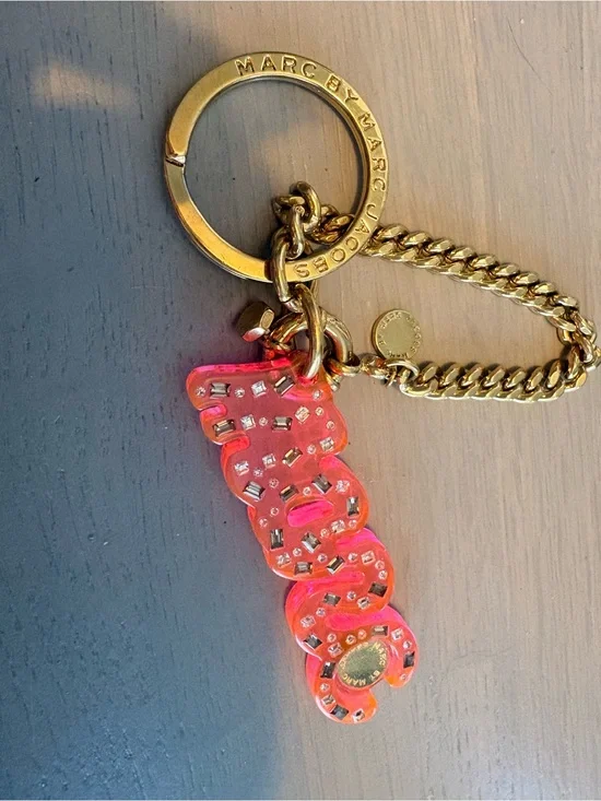 Marc By Marc Jacobs Neon Pink Logo Crystal Keychain with Gold Hardware