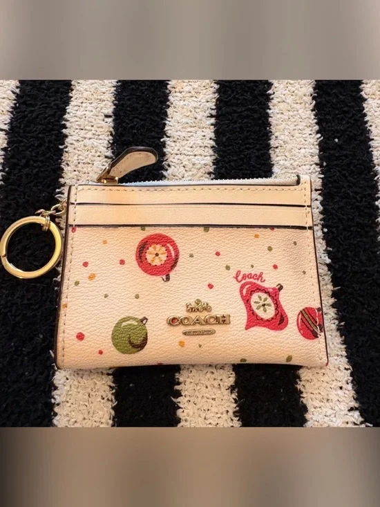 Coach Cream Card Case with Pink and Green christmas ornaments
