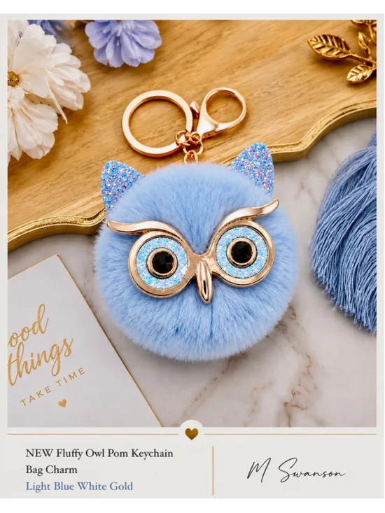 NEW Fluffy Owl Pom Keychain Charm Light Blue Gold NWT