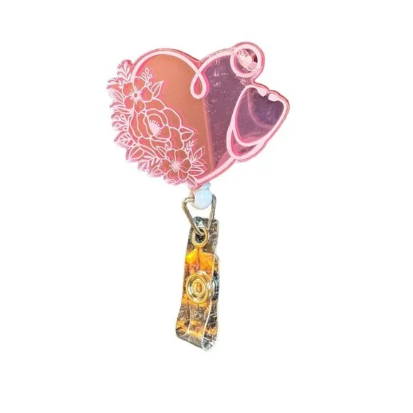 HEART pink heart with flowers and stethoscope badge holder NEW