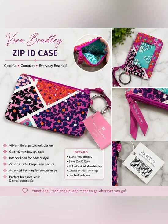 Vera Bradley Zip ID Case Keychain Wallet – Modern Medley Print | NWT