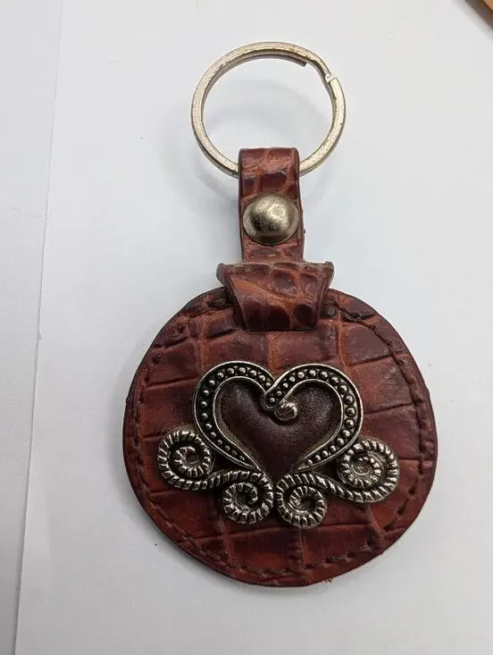 Vintage Heart & Scroll Leather Keychain Brown Crocodile Embossed Made in Japan