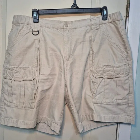 Columbia Mens Tan Khaki Cotton Canvas Cargo Shorts XL Elastic Waist AM4382