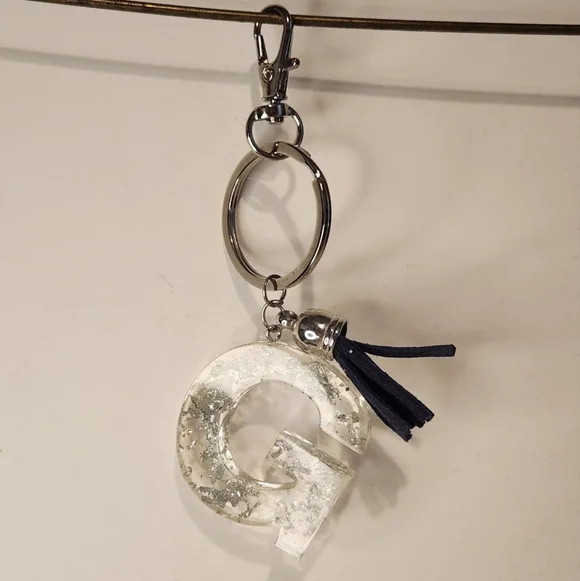 4 1/2” Handmade Letter “G” Resin Silver Leaf Tassel Keychain