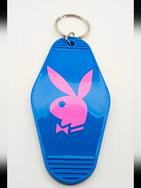 Handmade Pink Bunny Blue Motel Style Keychain Tag