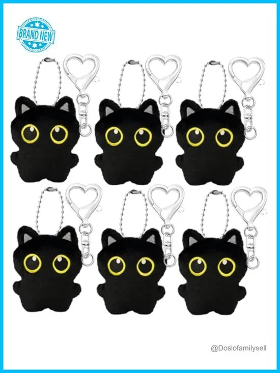 Set of 6 Cartoon Cat Keychains with Heart Lobster Clasps